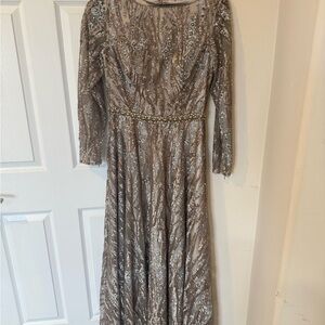 Mac Duggal Silver Sequin Long Sleeve Dress